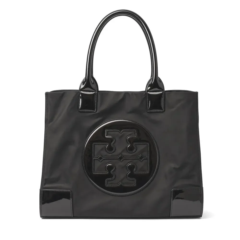 Tory Burch Ella Large Black Nylon Patent Logo Tote Bag Spacious Everyday